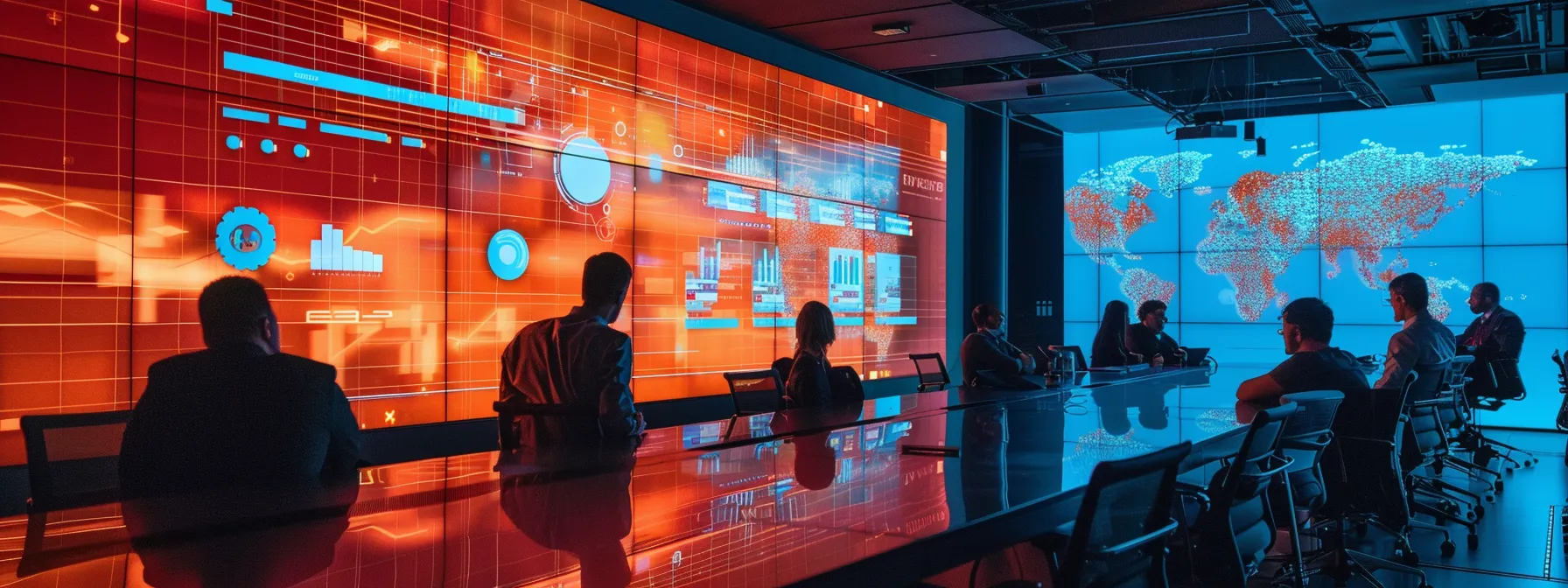 a sleek, modern office boardroom features a large digital screen displaying intricate cybersecurity analytics, with professionals engaged in a focused discussion about selecting the best managed incident response partner, illuminated by warm, ambient lighting.