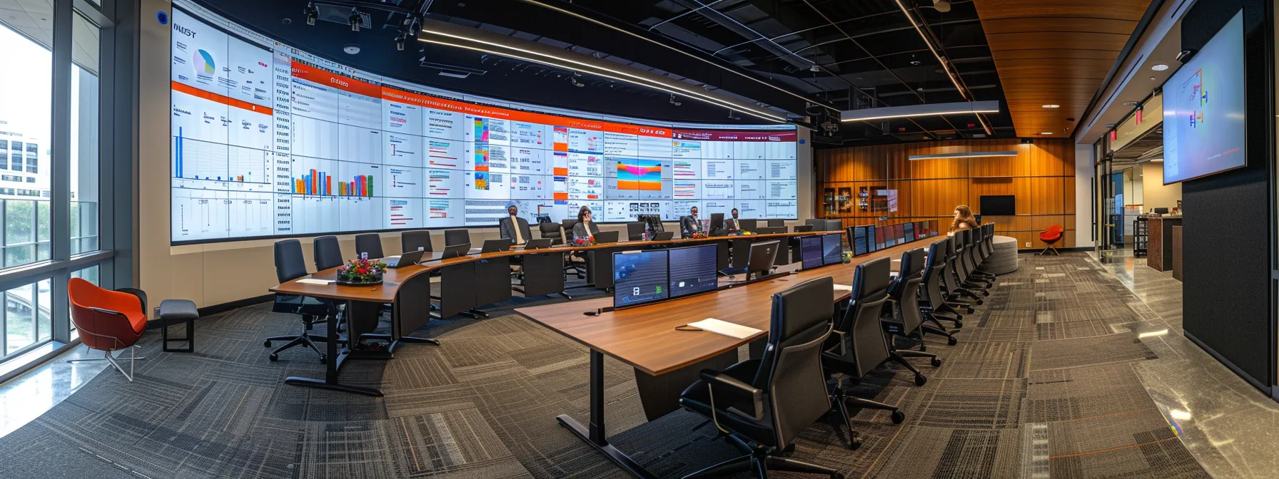 a sleek, modern office conference room with a large screen displaying a detailed flowchart of the revised cmmc assessment procedures, where professionals engage in a strategic discussion, emphasizing the importance of compliance in the digital age.