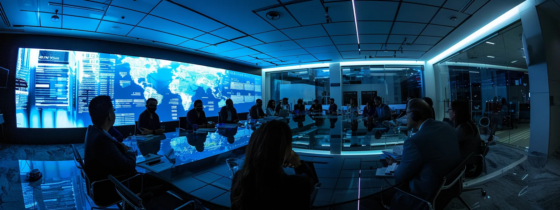 a sleek, modern office conference room is illuminated by soft overhead lights, showcasing a large digital screen displaying complex cybersecurity data and regulations, while professionals engage in an animated discussion around a polished glass table.