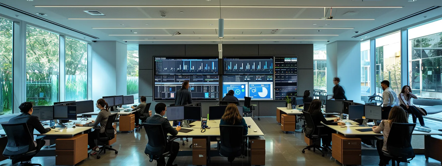 a sleek, modern office environment showcases a diverse team of professionals engaged in a collaborative meeting, analyzing digital compliance dashboards and regulatory documents displayed on large screens, highlighting the streamlined management of security services for effective adherence to complex compliance mandates.