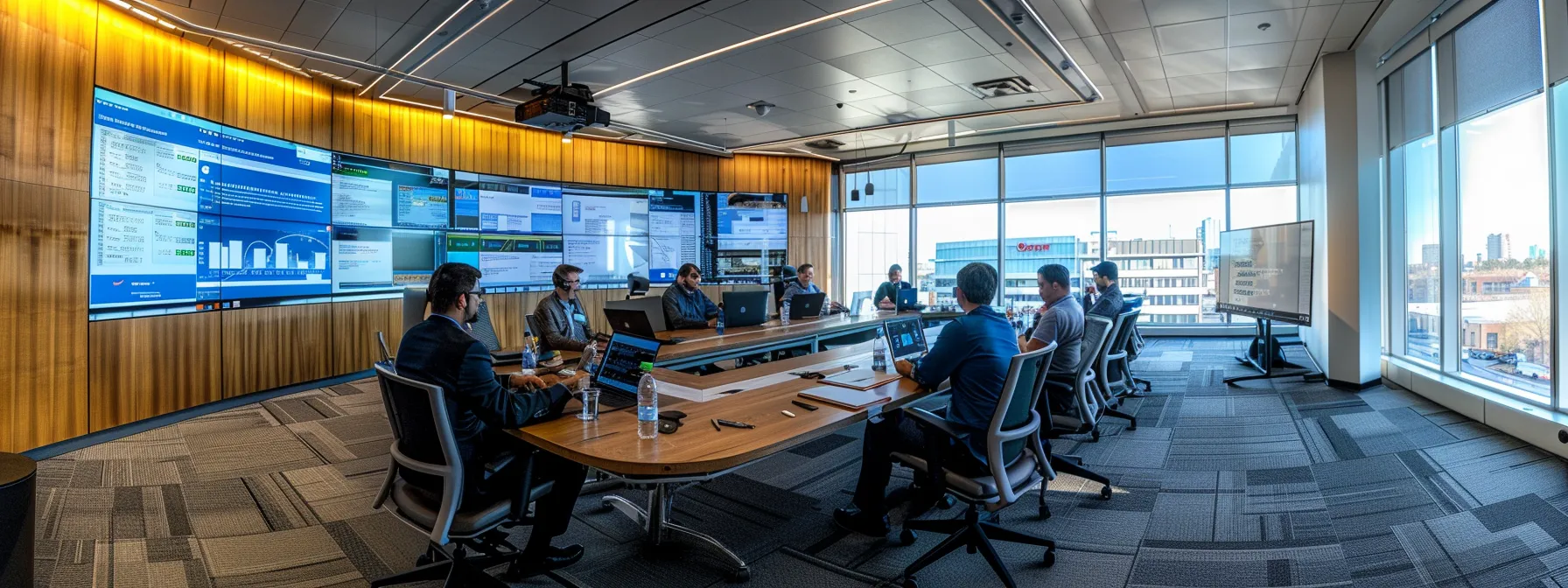 a sleek, modern office environment filled with cybersecurity professionals engaged in a dynamic strategy session, surrounded by large digital screens displaying complex compliance graphs and security protocols relevant to financial services, healthcare, and critical infrastructure.