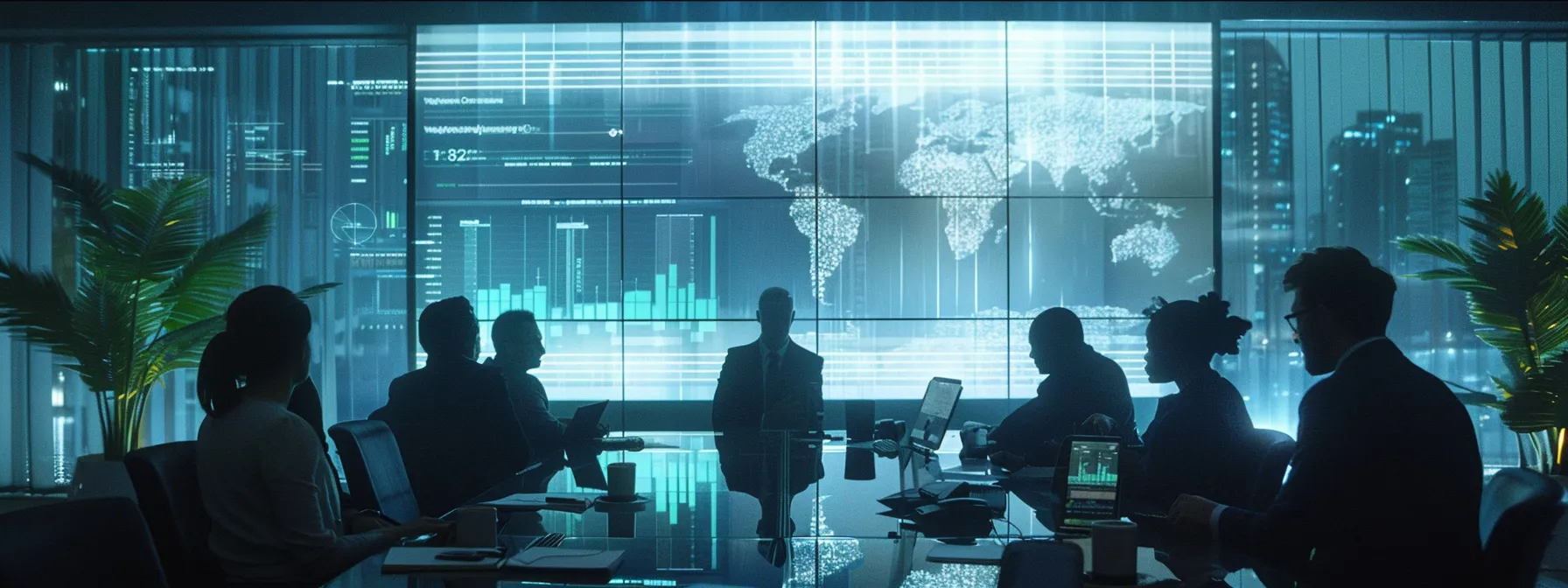 a sleek, modern office environment showcases a team engaged in a strategic meeting around a high-tech conference table, with digital screens displaying graphs and security metrics related to cmmc compliance efforts.