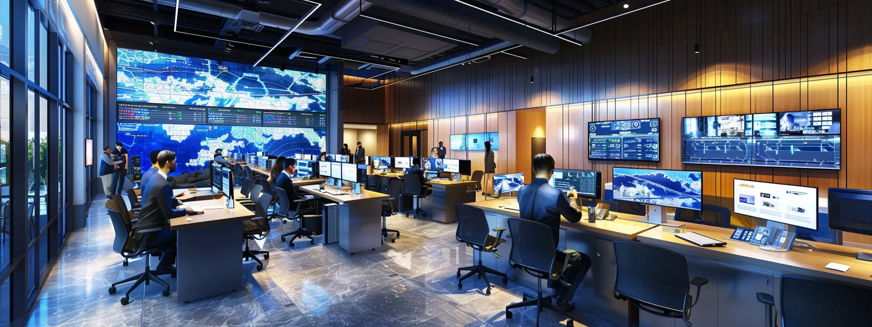 a sleek, modern office environment features diverse cybersecurity experts engaged in a high-tech command center, illuminated by multiple screens displaying dynamic security analytics and threat monitoring data, highlighting the importance of specialized cybersecurity solutions.