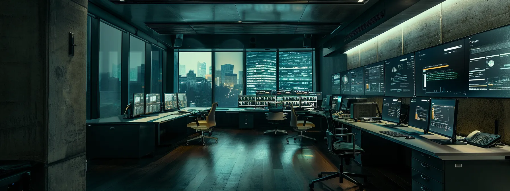 a sleek, modern office environment showcasing a high-tech cybersecurity operations center, with multiple screens displaying data analytics and cyber threat monitoring, emphasizing the importance of streamlined security management for enhanced business efficiency.