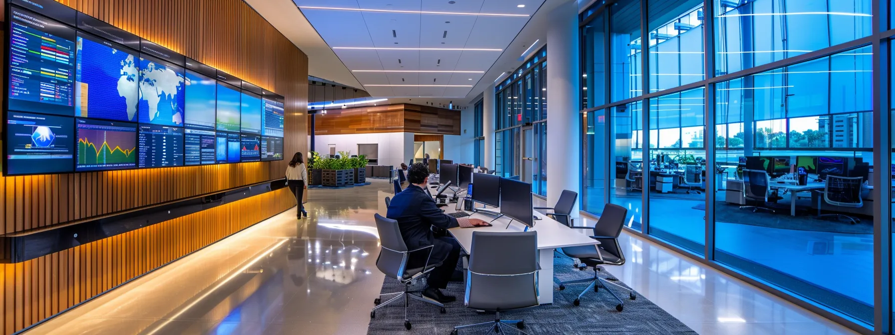a sleek, modern office setting features a diverse team confidently discussing cybersecurity strategies around a digital display, showcasing proactive measures that enhance stakeholder trust and reinforce the company's reputation.