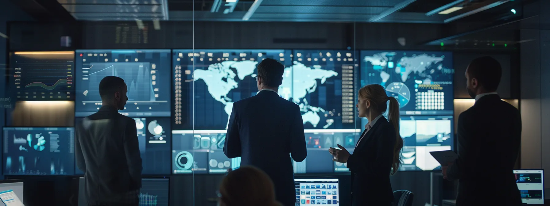 a sleek, modern office space filled with diverse professionals engaged in animated discussions, surrounded by digital displays showing cybersecurity data and compliance charts, underscoring the importance of implementing robust internal processes for cybersecurity regulation adherence.
