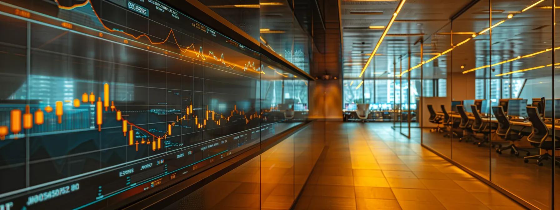 a sleek, modern office space with large screens displaying predictable it budget graphs, emphasizing financial stability and strategic planning, illuminated by warm overhead lighting that enhances the atmosphere of professionalism and innovation.