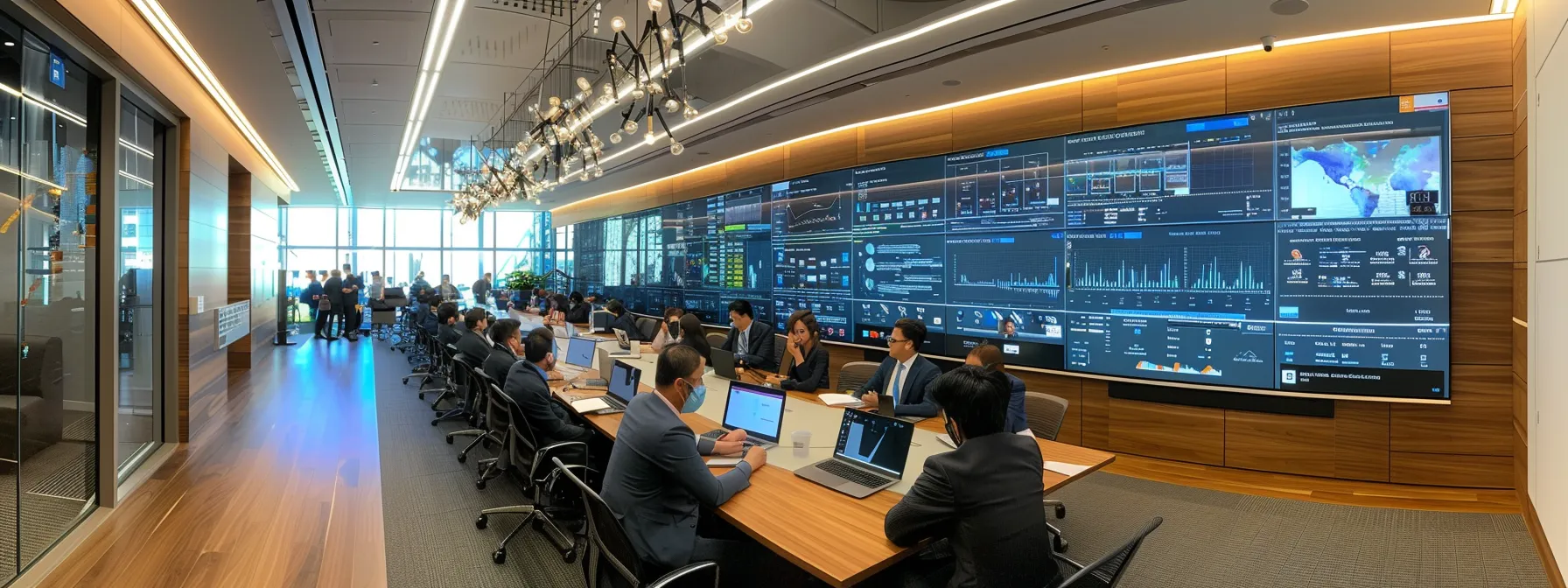 a sleek, modern office space is filled with professionals engaged in intense discussions around a large conference table, illuminated by bright overhead lights, as complex flowcharts and digital displays of the cmmc standards are projected on the walls, highlighting the challenges of compliance and the need for expert guidance.