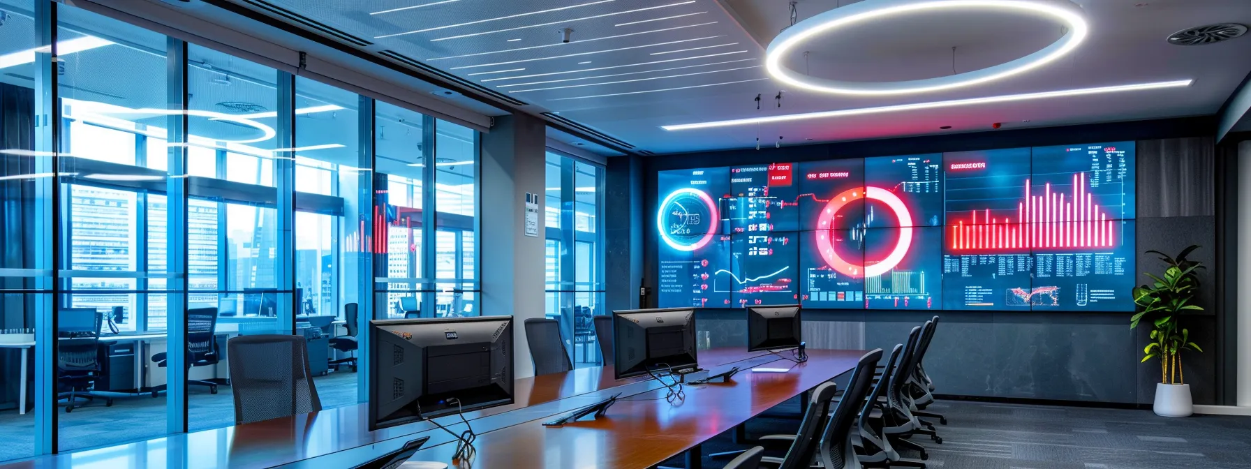 a sleek, modern office space features a large digital screen displaying cybersecurity analytics and cost-saving metrics, emphasizing the efficiency and expertise of managed services in reducing security expenses for organizations.