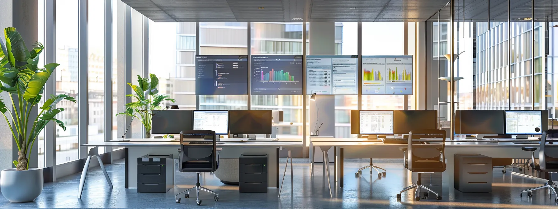 a sleek, modern office with multiple computer screens displaying real-time cybersecurity alerts and analytics, highlighting a dynamic team analyzing data in a high-tech environment, symbolizing the efficiency and expertise of outsourced incident response.