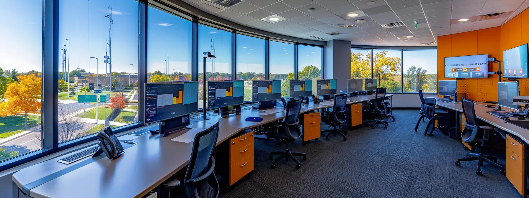 a sleek, modern office workspace is filled with advanced cybersecurity monitors displaying real-time data analytics and threat detection metrics, highlighting the robust defense systems that protect small businesses from digital vulnerabilities amid a backdrop of high-tech equipment and an atmosphere of focused innovation.