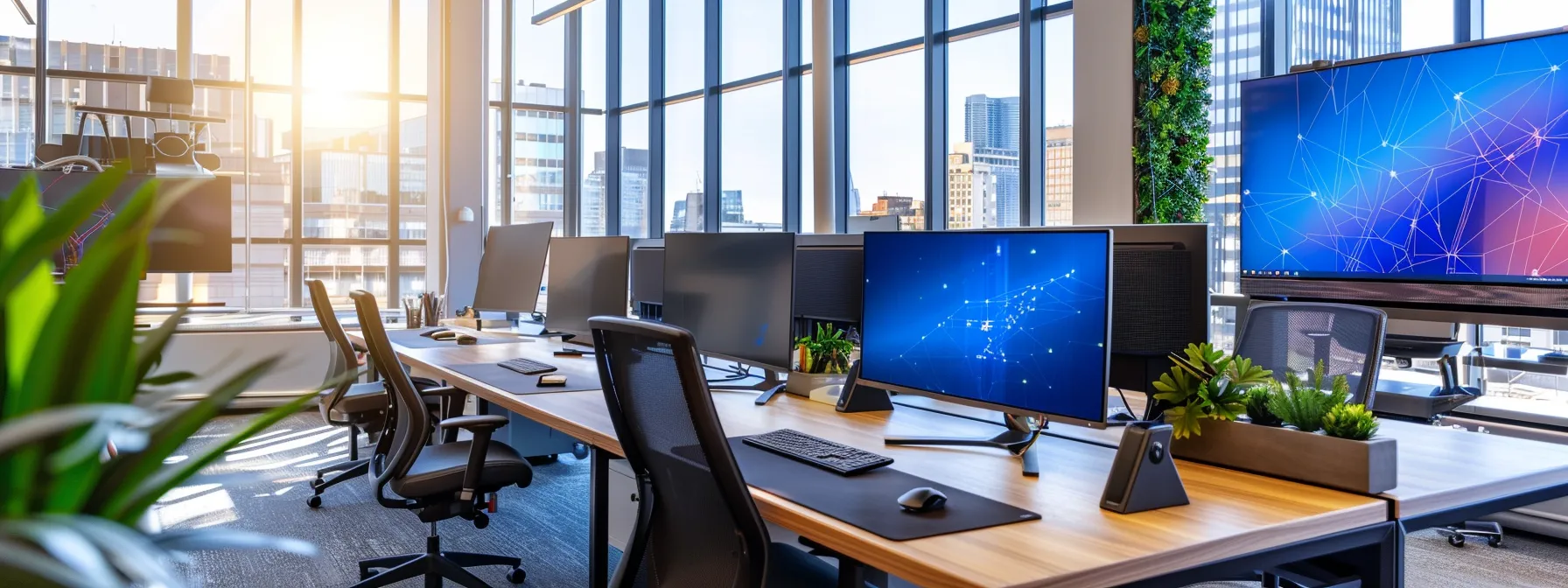 a sleek, modern office workspace features multiple high-resolution monitors displaying complex cybersecurity analytics and vulnerability maps, highlighting digital weaknesses in vibrant colors against a backdrop of dark, sophisticated decor.
