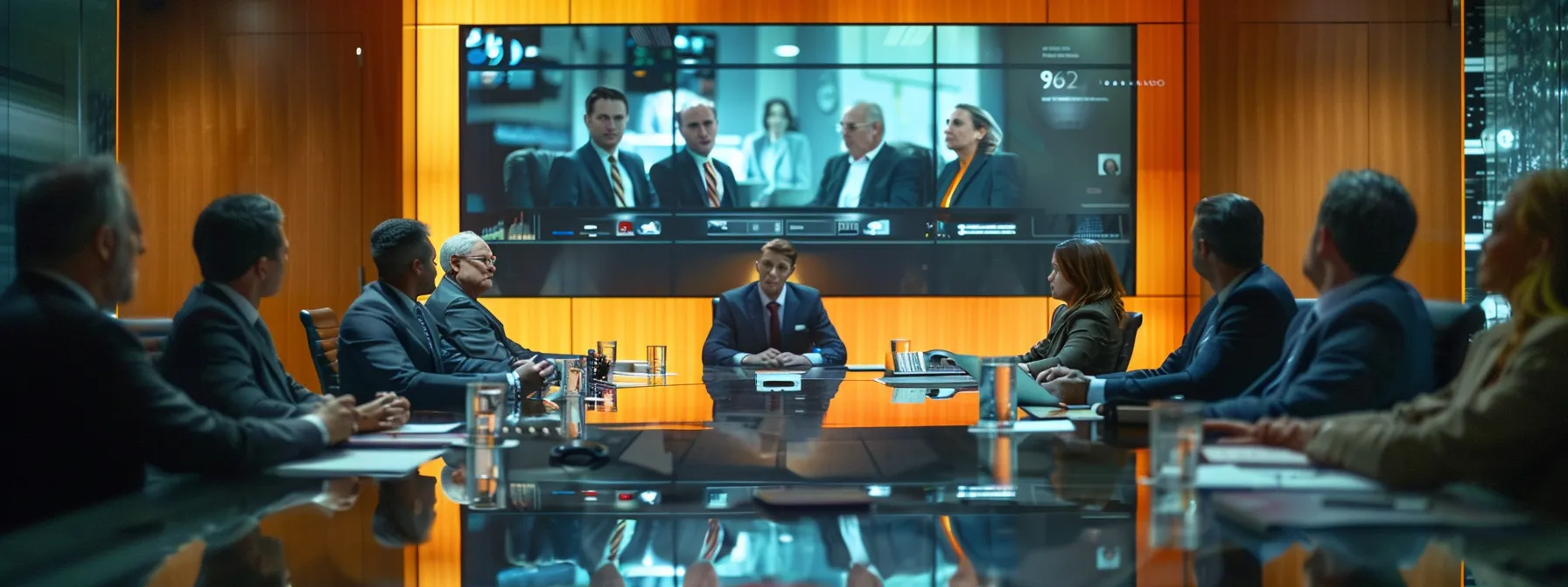 a tense boardroom meeting unfolds, with worried executives surrounding a polished conference table, as a cmmc consultant presents a detailed compliance report on a large screen, illuminating their faces with the urgency of securing department of defense contracts.