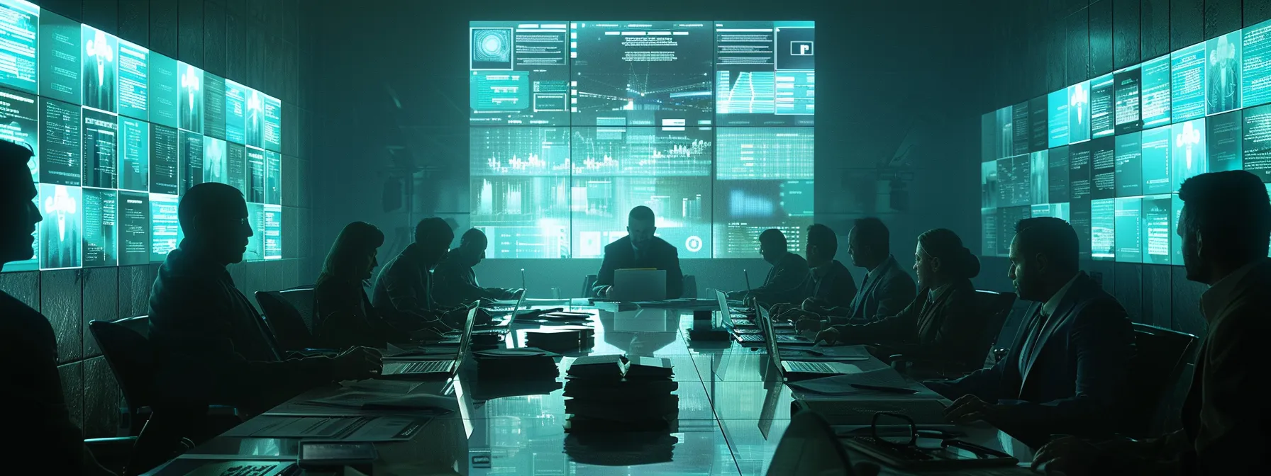 a tense corporate office scene captures frustrated professionals gathered around a conference table, surrounded by stacks of compliance documentation and digital screens displaying cmmc assessment criteria, emphasizing the overwhelming challenges of navigating failed certifications without expert guidance.