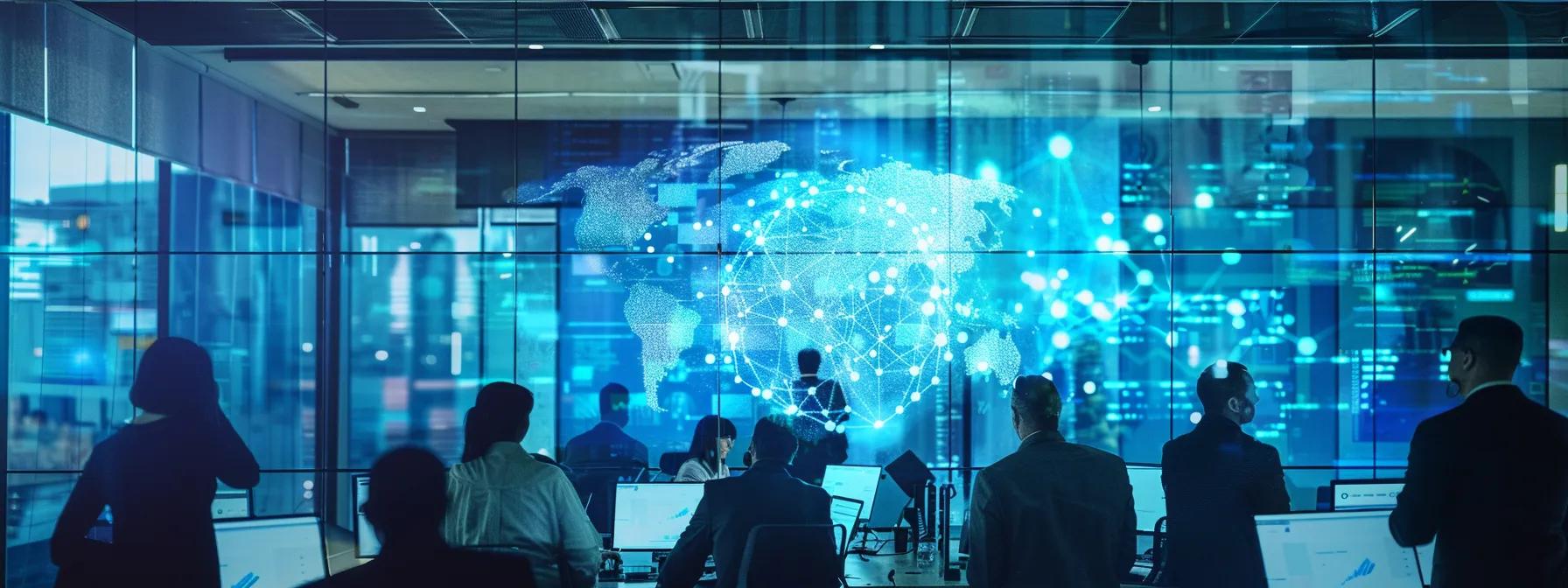 a dynamic office setting showcases a diverse team engaged in a collaborative discussion around a large digital display, illustrating the integration of compliance frameworks like cmmc, hipaa, and nist into streamlined, efficient workflows for small to medium-sized businesses.