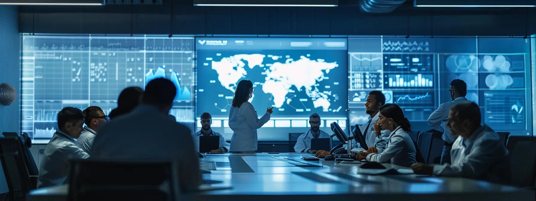 a focused office environment featuring a diverse group of professionals engaged in a collaborative discussion around a sleek conference table, with a large screen displaying a digital presentation on hipaa compliance and patient data security.