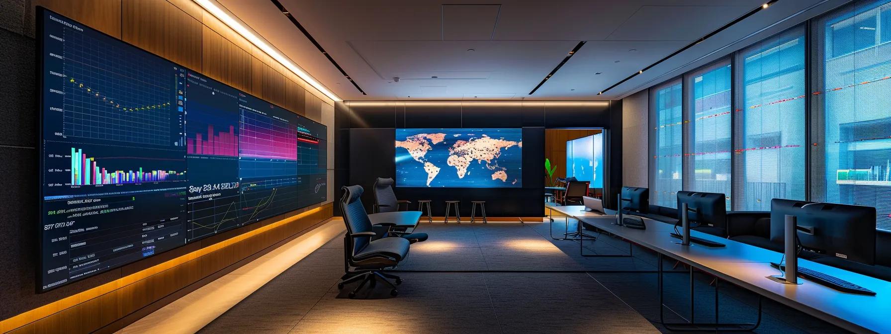 a modern office environment features a sleek, minimalist workspace with a large screen displaying complex data analysis, symbolizing the seamless integration of comprehensive it support that empowers businesses to thrive without interruptions.