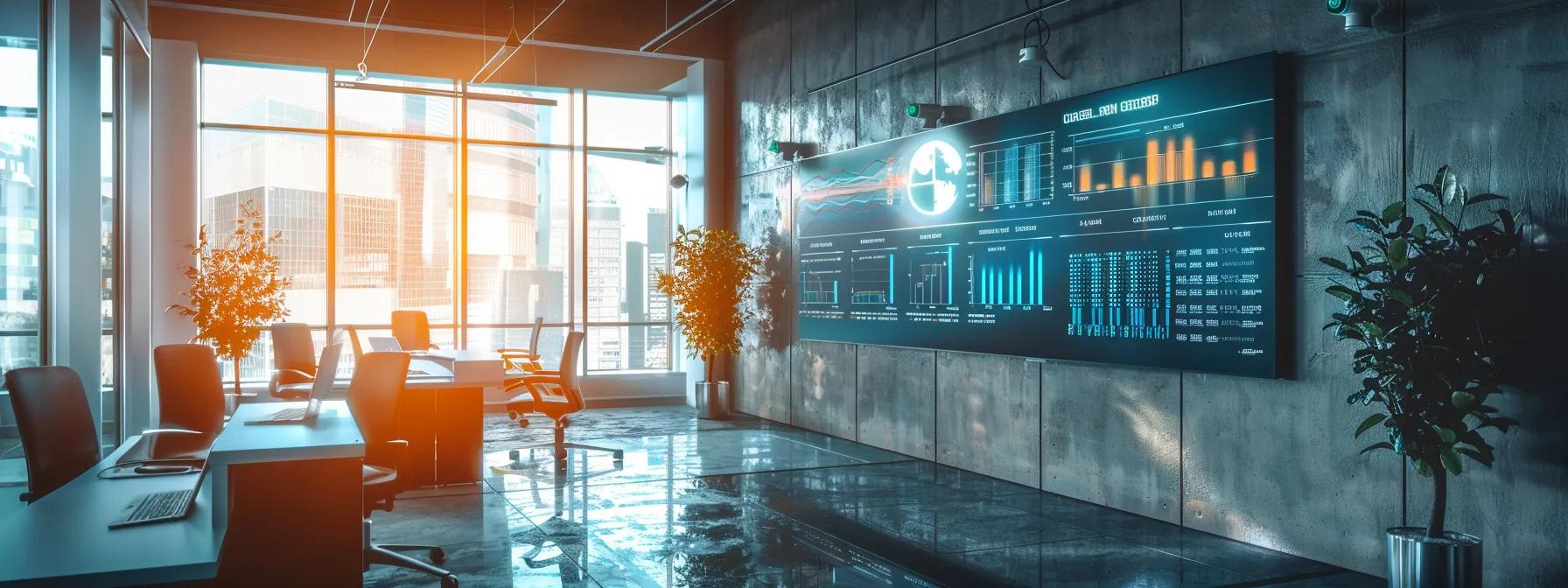 a modern, sleek office workspace features a unified digital dashboard displaying integrated tech solutions, emphasizing the efficiency and security of consolidating with a single provider, bathed in soft, focused lighting that highlights the cutting-edge technology present.