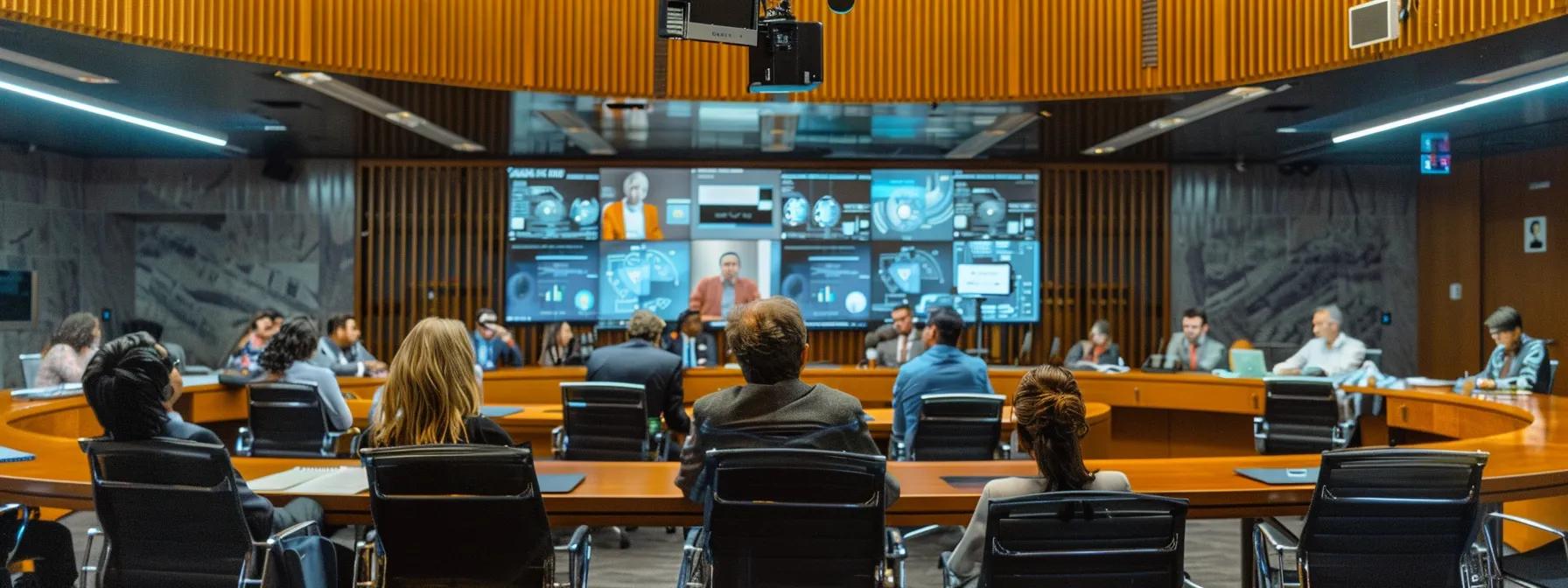 a sharp, modern conference room is filled with professionals engaged in a strategic discussion, surrounded by digital screens displaying essential compliance frameworks like cmmc, hipaa, and nist, highlighting the focus on simplifying complex regulations for small businesses.