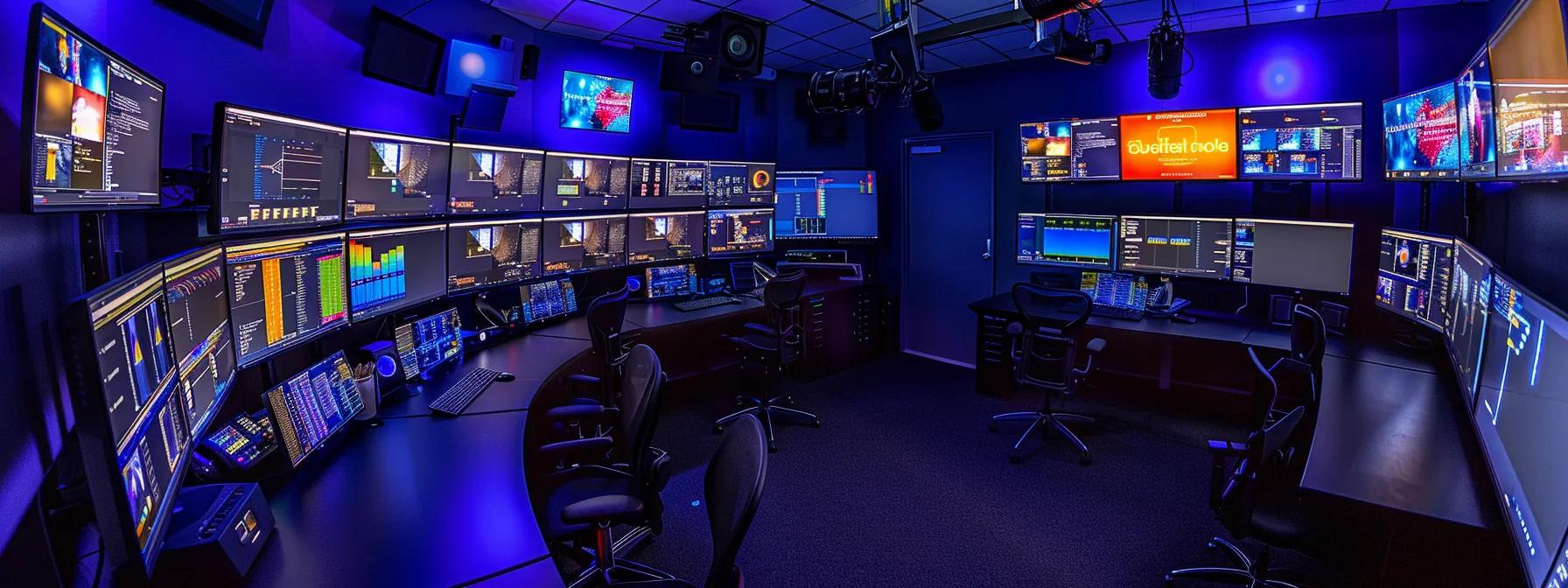 a sleek, modern control room with multiple glowing monitors displaying real-time network data, casting an intense blue hue over focused technicians engaged in 24/7 network monitoring, emphasizing the critical importance of technology as a lifeline for businesses.