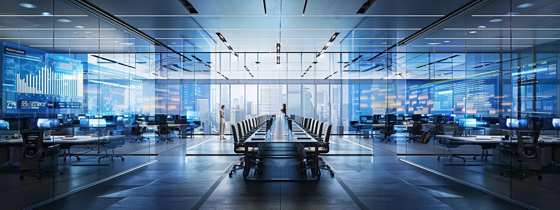 a sleek, modern office setting showcases a diverse team engaged in a strategic meeting, surrounded by digital displays illustrating the streamlined transition to a consolidated it solutions provider, with focused expressions and high-tech elements emphasizing innovation and collaboration.
