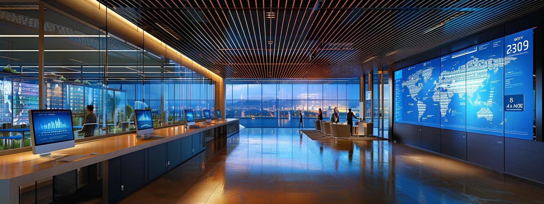 a sleek, modern office space showcases a large, high-tech screen displaying real-time network analytics, with professionals engaged in discussions, emphasizing the importance of proactive monitoring to prevent network downtime.