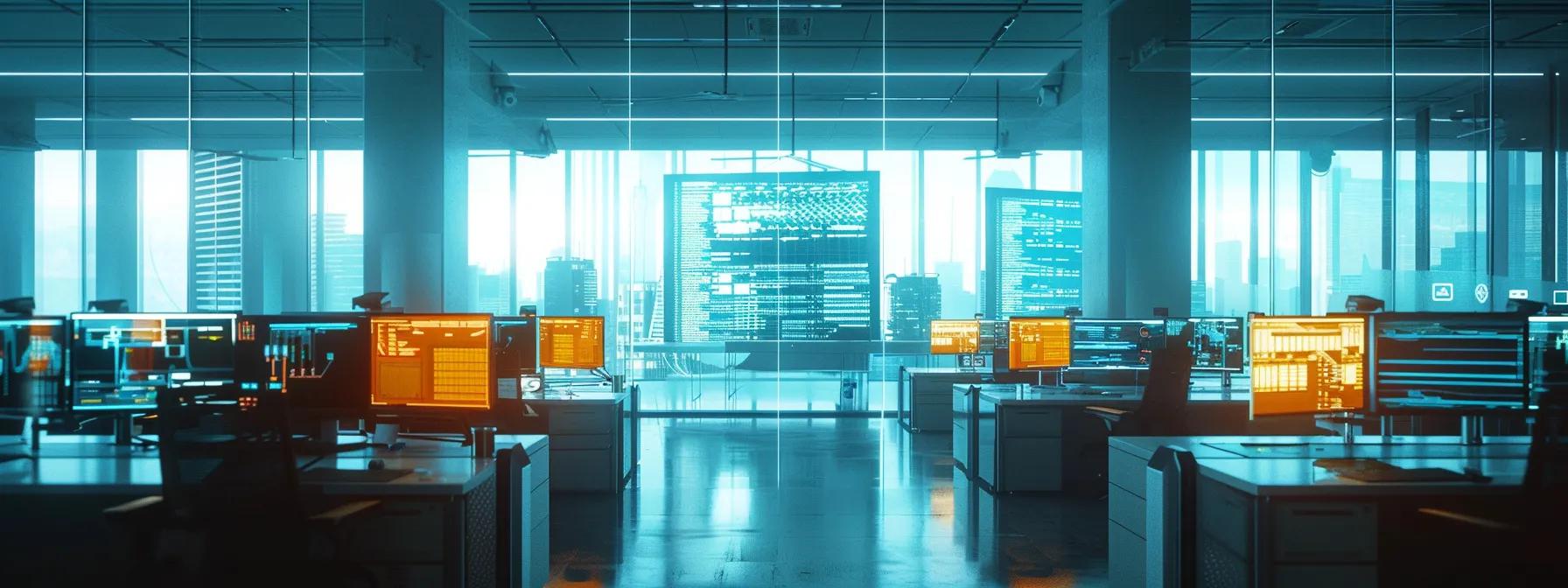 a sleek, modern office with multiple large monitors displaying real-time network data and alerts, illuminated by cool white lighting to emphasize the high-tech atmosphere of continuous 24/7 monitoring.