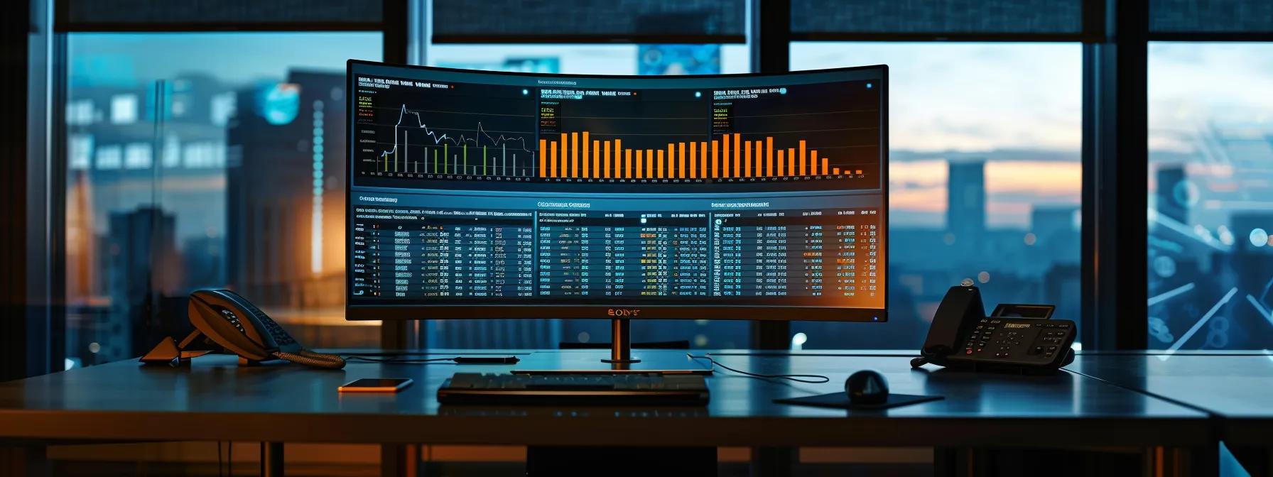 a sleek, modern office workspace showcases a high-tech monitor displaying dynamic graphs and compliance metrics, illuminated by focused artificial lighting that emphasizes a sense of precision and accountability in regulatory reporting.