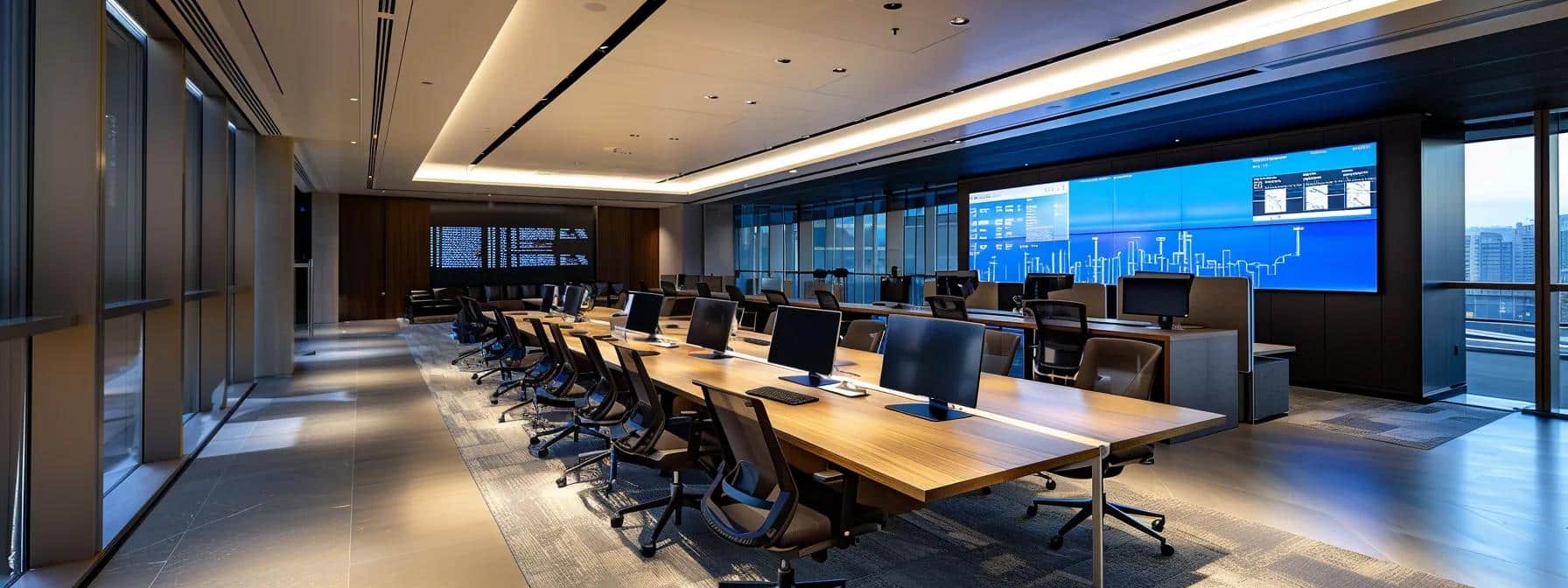 a sleek, modern office workspace is depicted, illuminated by artificial lighting, showcasing a prominent and large computer screen displaying warning alerts about cyber threats, emphasizing the urgency of cybersecurity awareness for businesses.