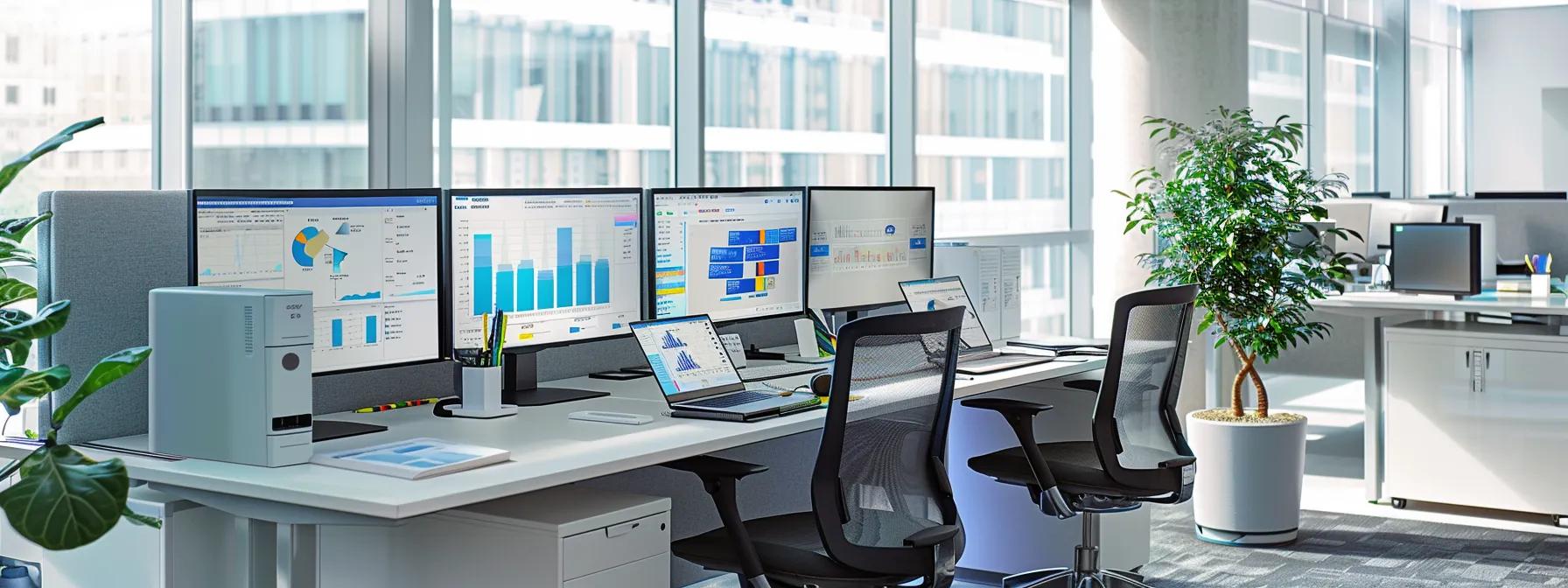 a sleek, modern office workspace features a centralized it workstation with multiple digital screens displaying unified data analytics, illustrating the efficiency and simplicity of consolidated it solutions in a professional environment.