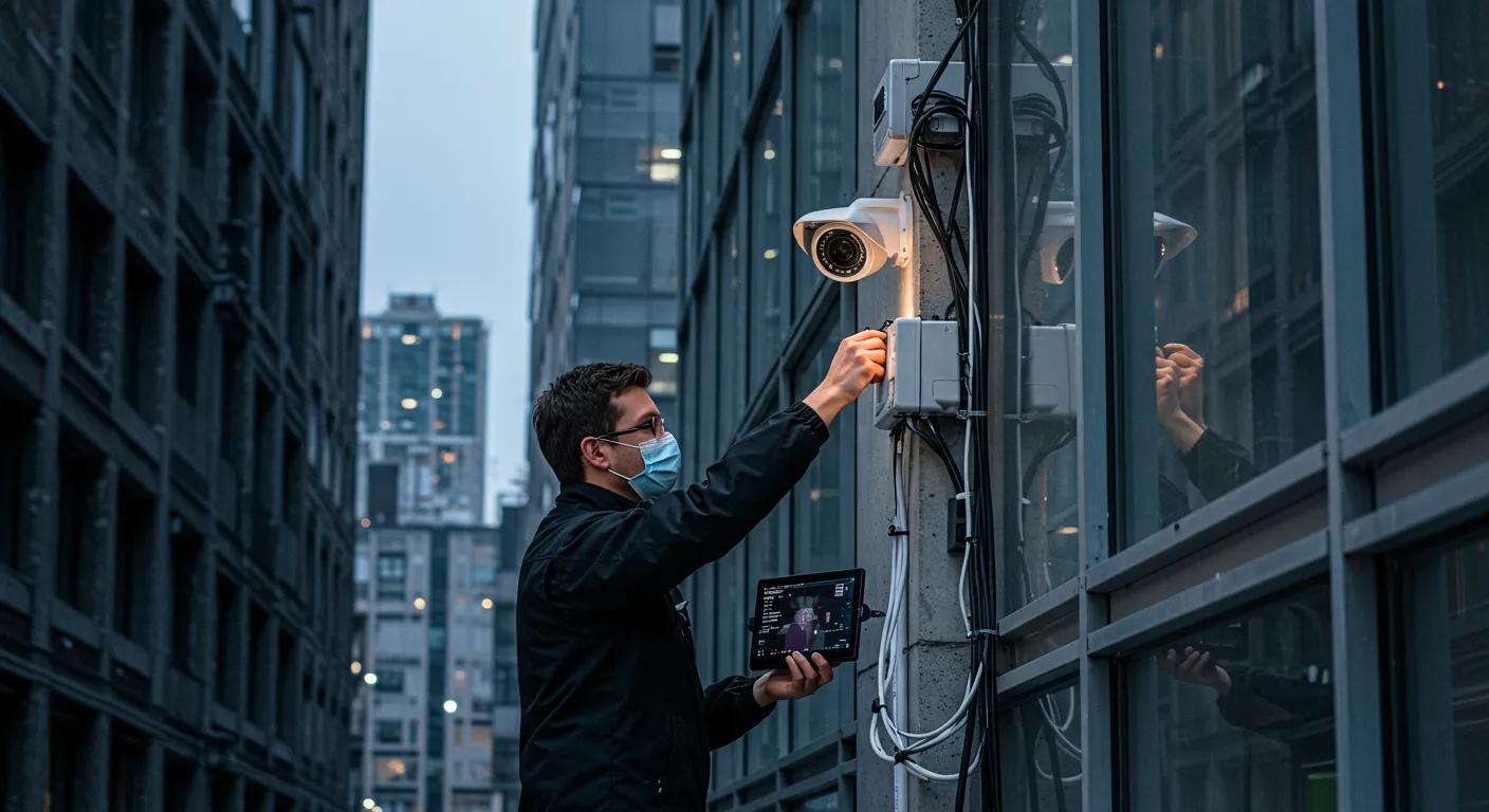a sleek urban security installation scene features a technician methodically adjusting outdoor surveillance cameras on a modern building, with cable management neatly organized and digital displays showing real-time monitoring setups.