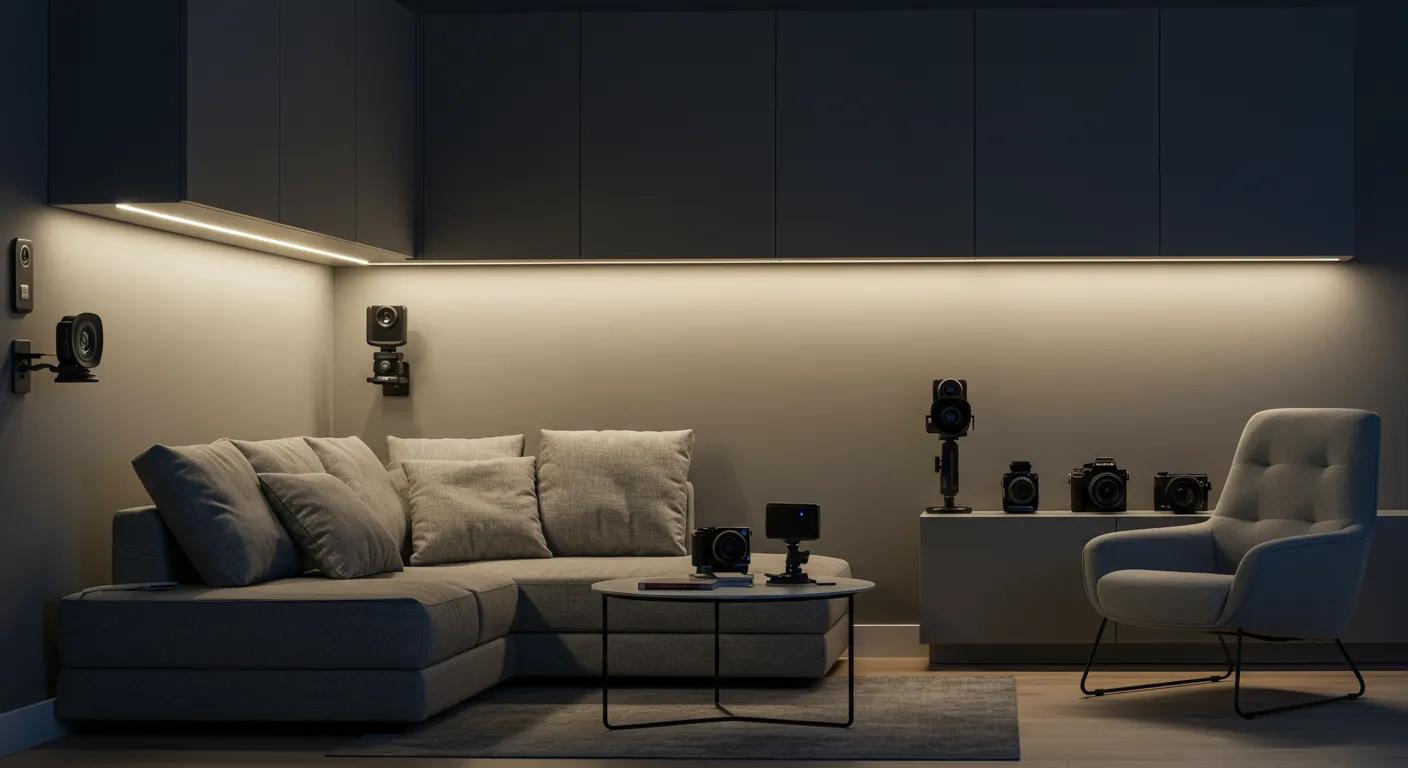 a sleek modern living room showcases a variety of high-tech indoor cameras seamlessly integrated into stylish decor, bathed in warm artificial lighting that highlights their elegance and functionality.