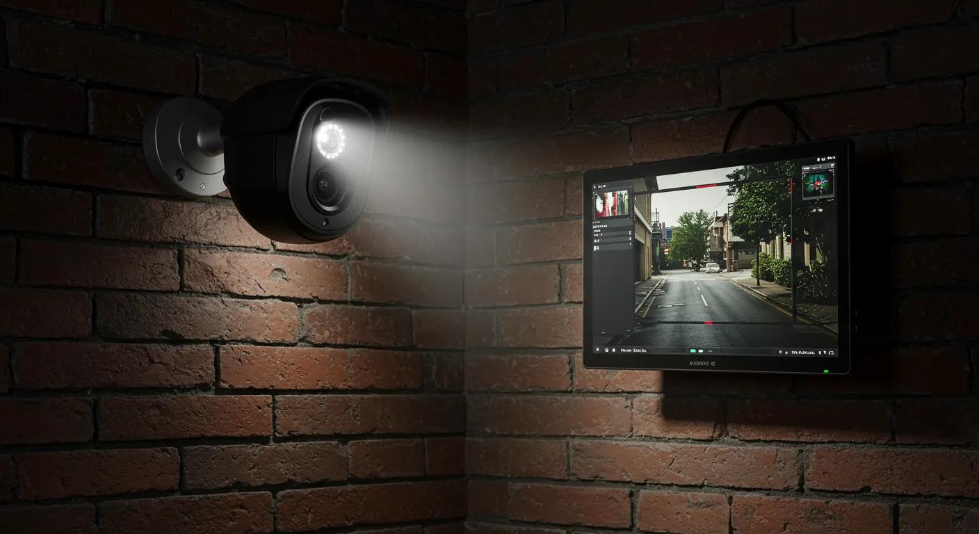 a sleek, modern security camera mounted on a sturdy brick wall, displaying a vibrant live feed on a nearby digital monitor, illuminated by sharp, artificial lighting that highlights its weatherproof design and cutting-edge technology.