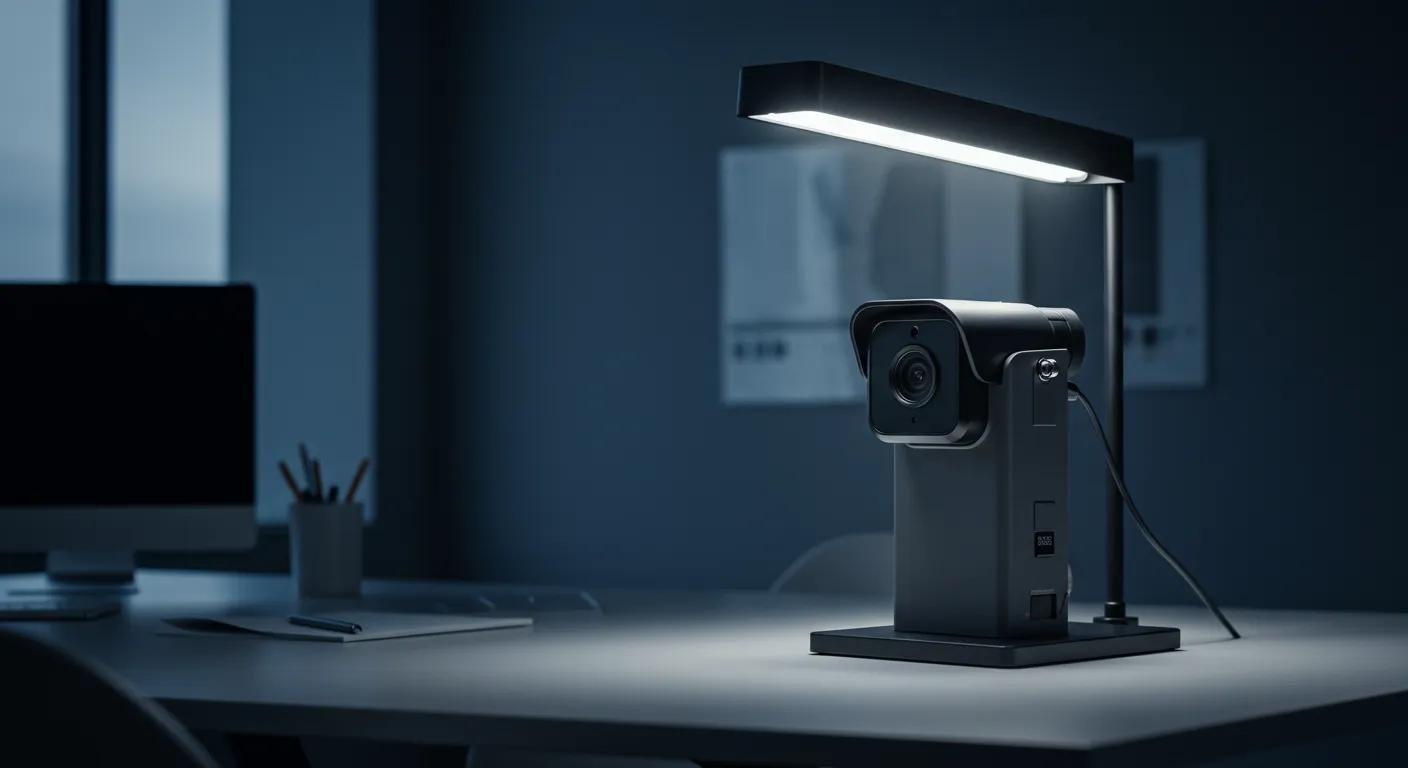 a sleek, modern office setting showcases a high-tech security camera prominently displayed on a stylish desk, illuminated by sharp artificial lighting that highlights its weatherproof design, conveying a sense of security and advanced technology.