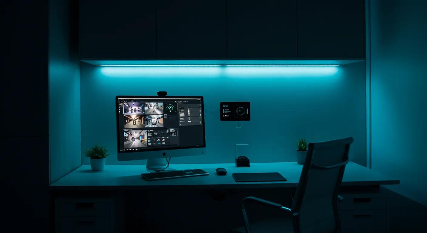 a sleek, modern home office is equipped with advanced remote monitoring technology, featuring a computer screen displaying security feeds and alerts, illuminated by ambient led lights that create a futuristic atmosphere.