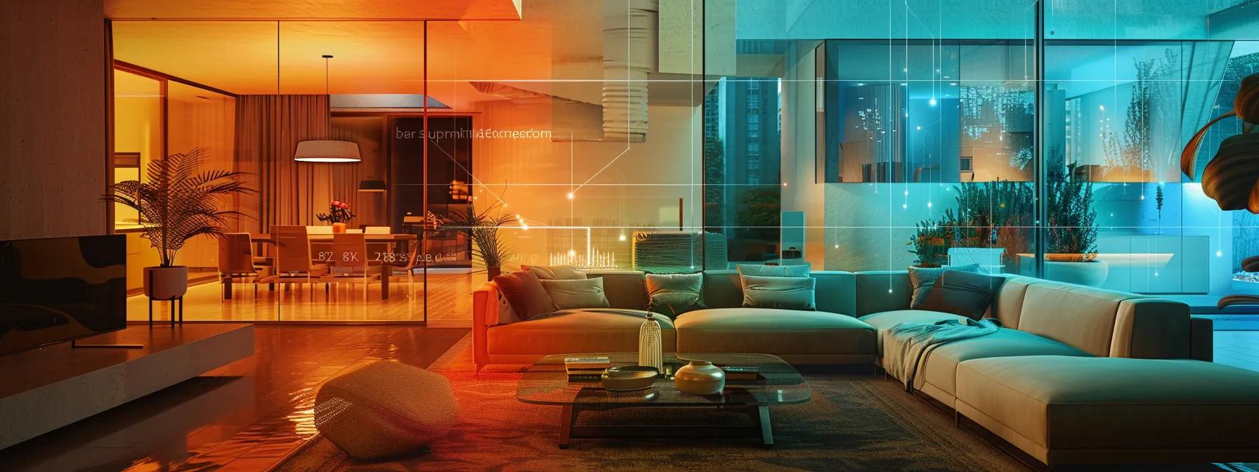 a modern urban living room is illuminated by a sleek tablet displaying live security camera feeds, while a vivid overlay of user interface elements highlights features like geofencing and real-time notifications, emphasizing advanced remote monitoring and control capabilities.