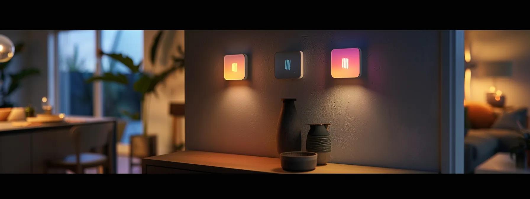 a sleek and modern home interior showcases three distinct motion sensors mounted on the wall, each labeled with vibrant colors and high-tech designs, illustrating their unique functionalities in an elegant living space.