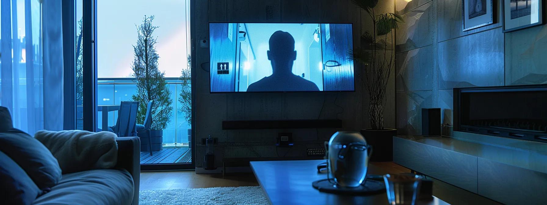 a sleek, modern home security system displays a vivid hd video feed on a large monitor, showcasing a clear image of an intruder under dim lighting, emphasizing the clarity and detail of the facial features and surroundings.