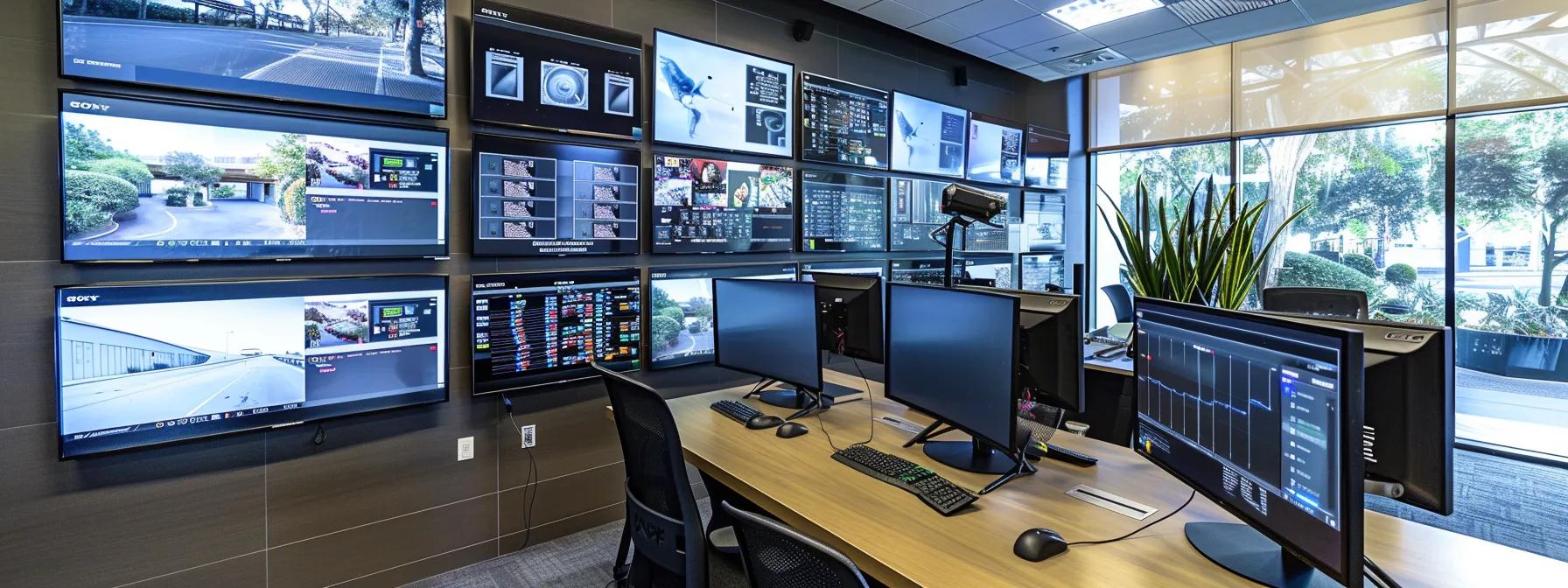 a sleek, modern office space features a high-tech display wall showcasing various weatherproof security cameras, each labeled with key specifications and vibrant graphics, emphasizing comparison and innovation in outdoor surveillance technology.