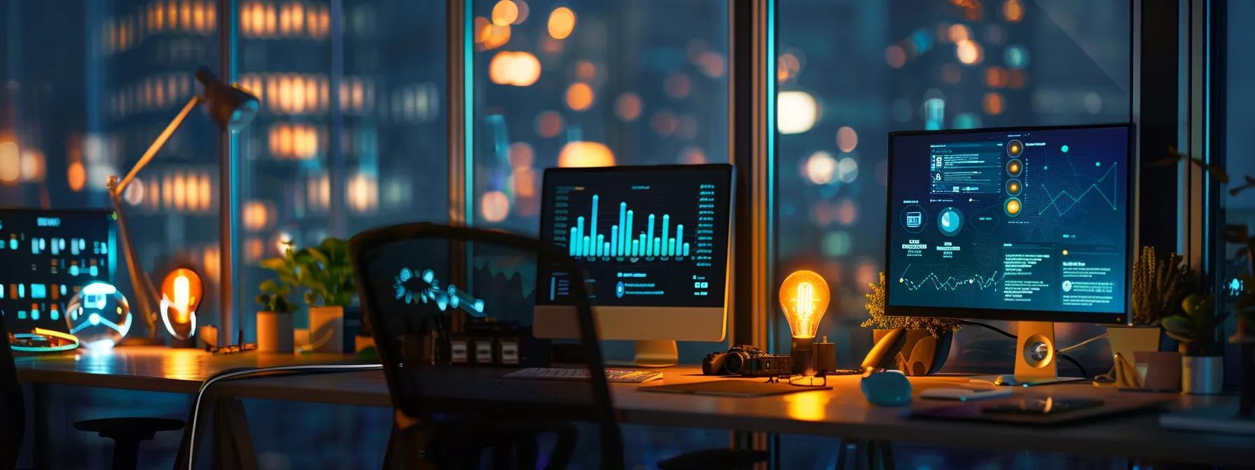 a sleek, modern office workspace illuminated by soft, focused lighting showcases high-tech devices displaying cybersecurity interfaces, symbolizing advanced encryption and secure wireless communication against hacking risks.