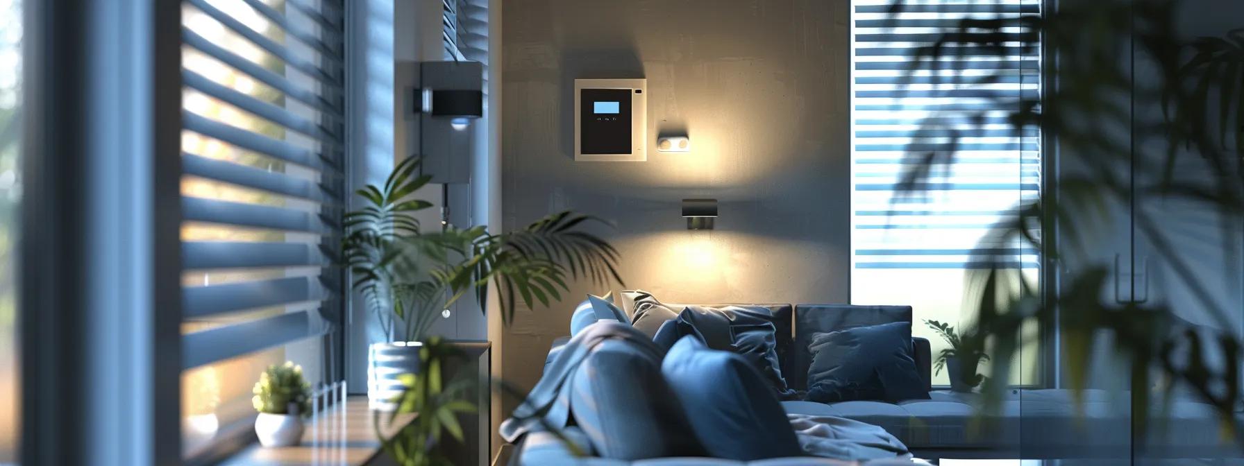 a modern home interior showcases a sleek and modular security system, with an array of sensors and cameras mounted elegantly on the walls, illustrating the concept of scalable protection adaptable to various living spaces.