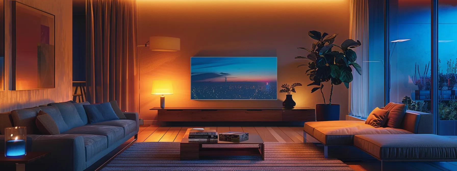 a modern living room equipped with sleek technology displays monitoring various home systems, illuminated by soft ambient lighting, conveying a sense of security and control for homeowners.