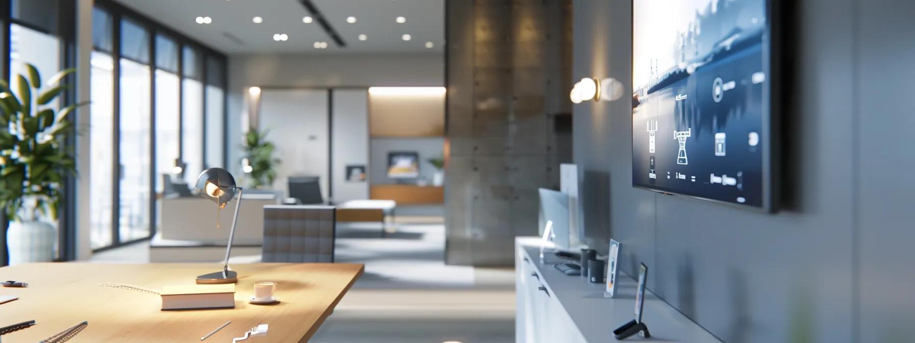 a modern, sleek office environment showcases a wall-mounted hd camera with an integrated floodlight, paired with a discreet dome camera in the corner, all surrounded by wireless sensors, emphasizing an advanced and cohesive video surveillance system.