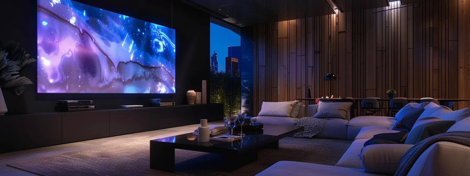 a sleek, modern living room featuring a large wall-mounted screen displaying surveillance footage, illuminated by ambient lighting, conveying a sense of safety and control in remote home monitoring.