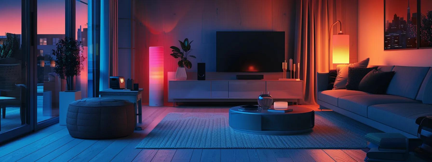 a sleek, modern living room showcases an array of smart home devices seamlessly integrated with a motion sensor system, featuring a stylish security camera, a smart lock on a pristine front door, and automated lighting illuminating the space, all connected through an intuitive voice-controlled platform.