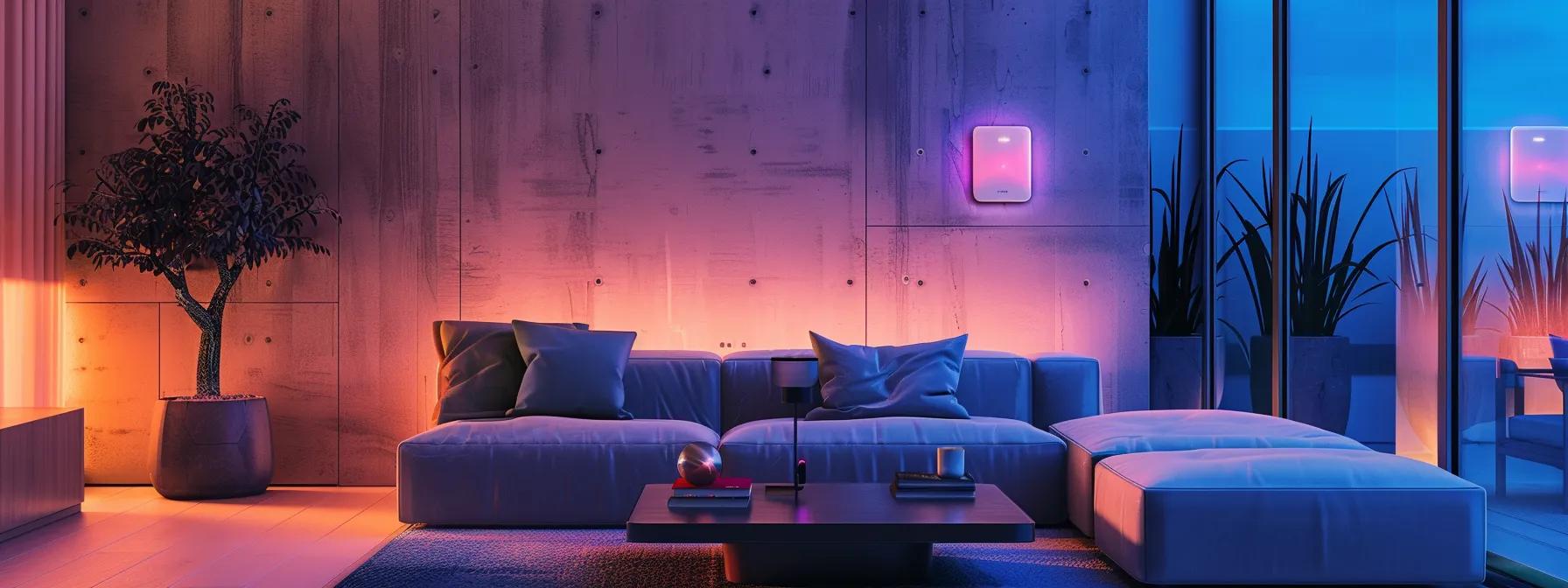 a sleek, modern living room showcases a prominently placed wireless motion sensor on a polished wall, illuminated by soft, ambient lighting that emphasizes its high-tech design and enhances the theme of advanced home security.