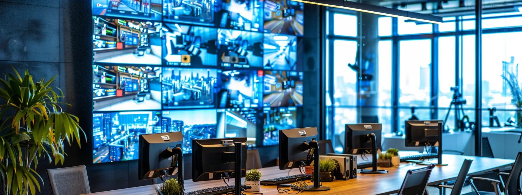 a sleek, modern office environment features a high-tech video security system prominently displayed on a large digital screen, showcasing a live feed of various outdoor locations under crisp artificial lighting.