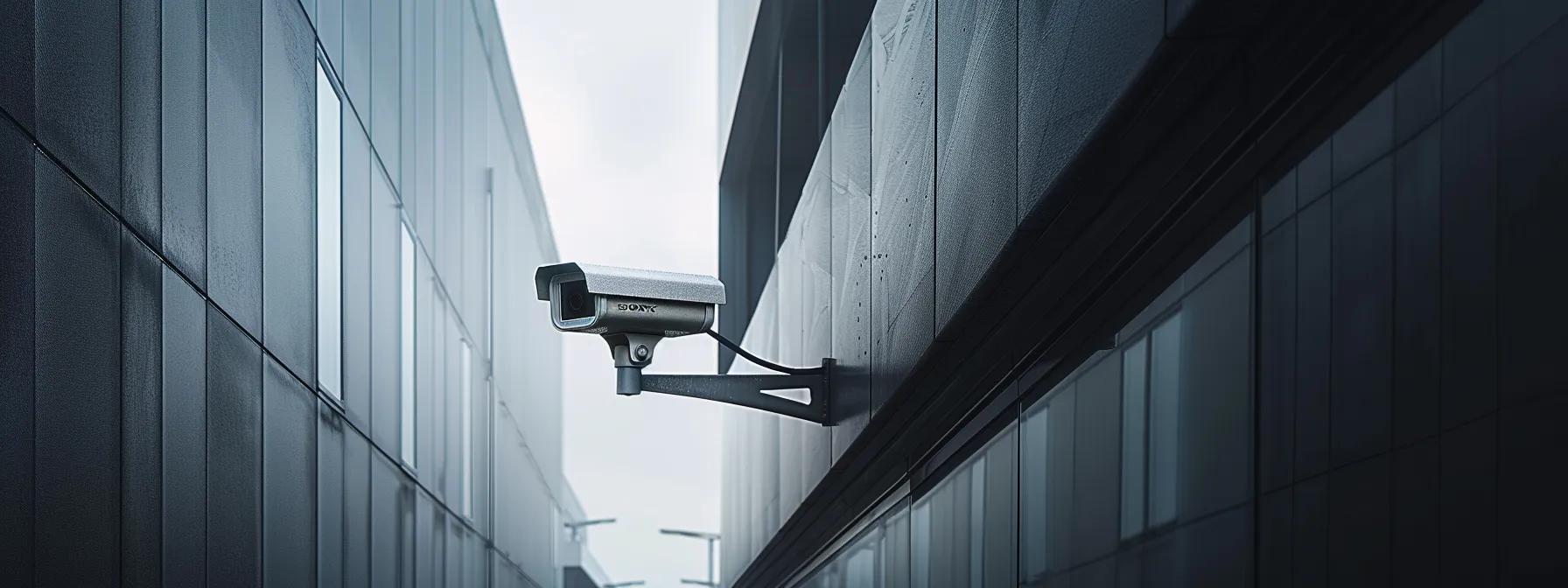 a sleek, modern security camera mounted on an industrial building's exterior, showcasing its weatherproof design against a backdrop of an overcast urban skyline, emphasizing reliability and resilience for outdoor security.