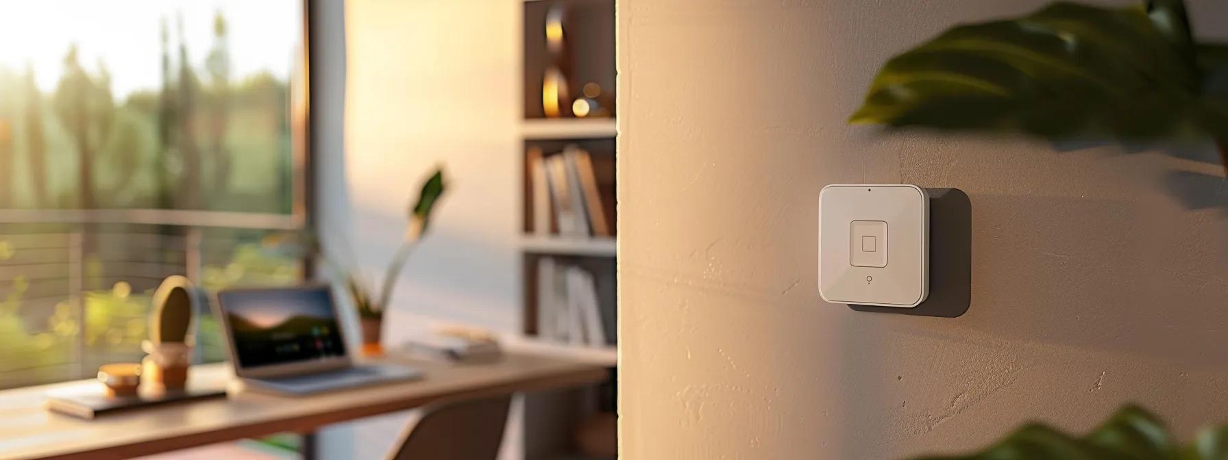 a tidy, modern home office showcases a sleek wireless motion sensor mounted on a wall, with a tablet displaying the installation app beside it, highlighting an organized and efficient diy security setup.