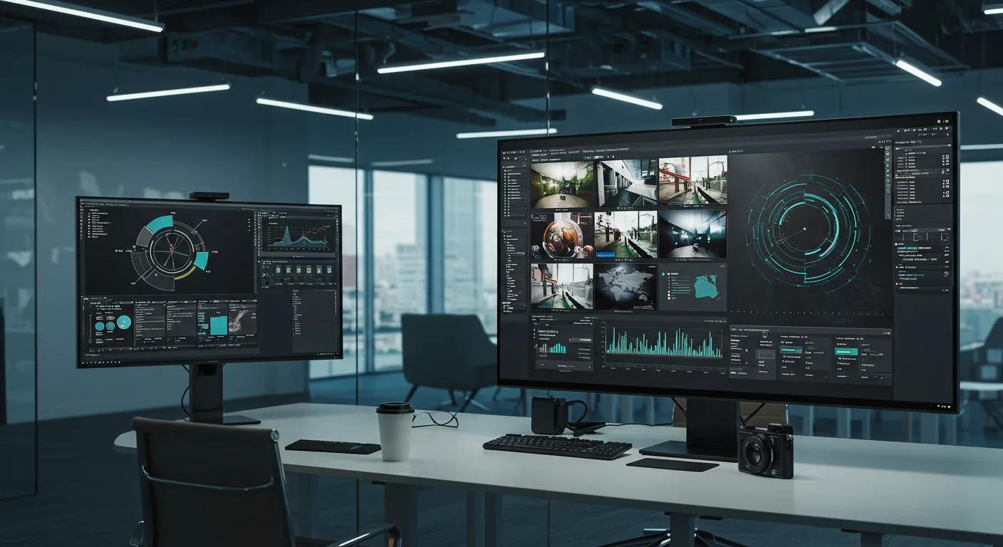 a sleek, modern office environment showcases a high-tech remote monitoring system in action, featuring a large screen displaying vivid video feeds, dashboard analytics, and real-time notifications against a backdrop of contemporary furnishings.